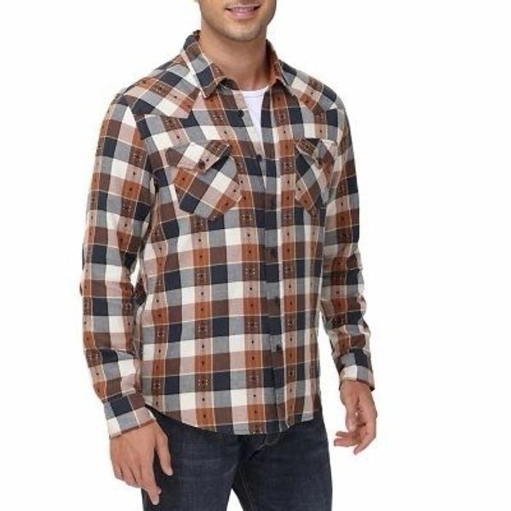 Frye Men's size L Flannel Jacquard casual button down shirt burnt orange white